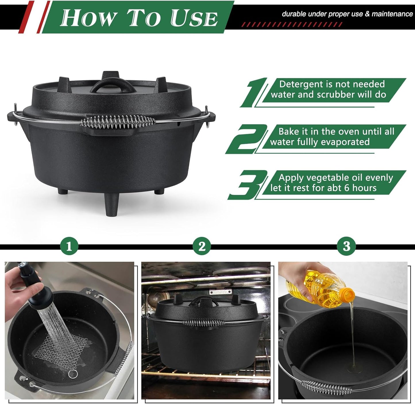5QT Cast Iron Dutch Oven with Stainless Steel Scrubber,  2-In-1 Pre-Seasoned Camping Pot, Heavy Duty Campfire Pot with Feet for Outdoor Stovetop Griddle Cooking Baking Roasting Stewing