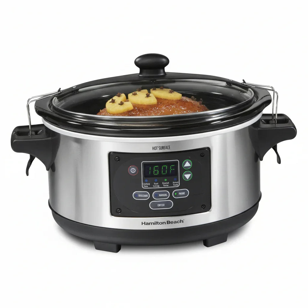 Hamilton Beach slow cooker with digital display, cooking pork roast topped with pineapple slices