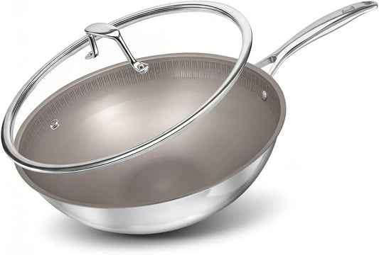 Titanium Wok Pan with Lid – 12" Non-Toxic Pfas-Free Woks & Stir-Fry Pans, Tri-Ply Titanium & Stainless Steel, Induction & Dishwasher Safe