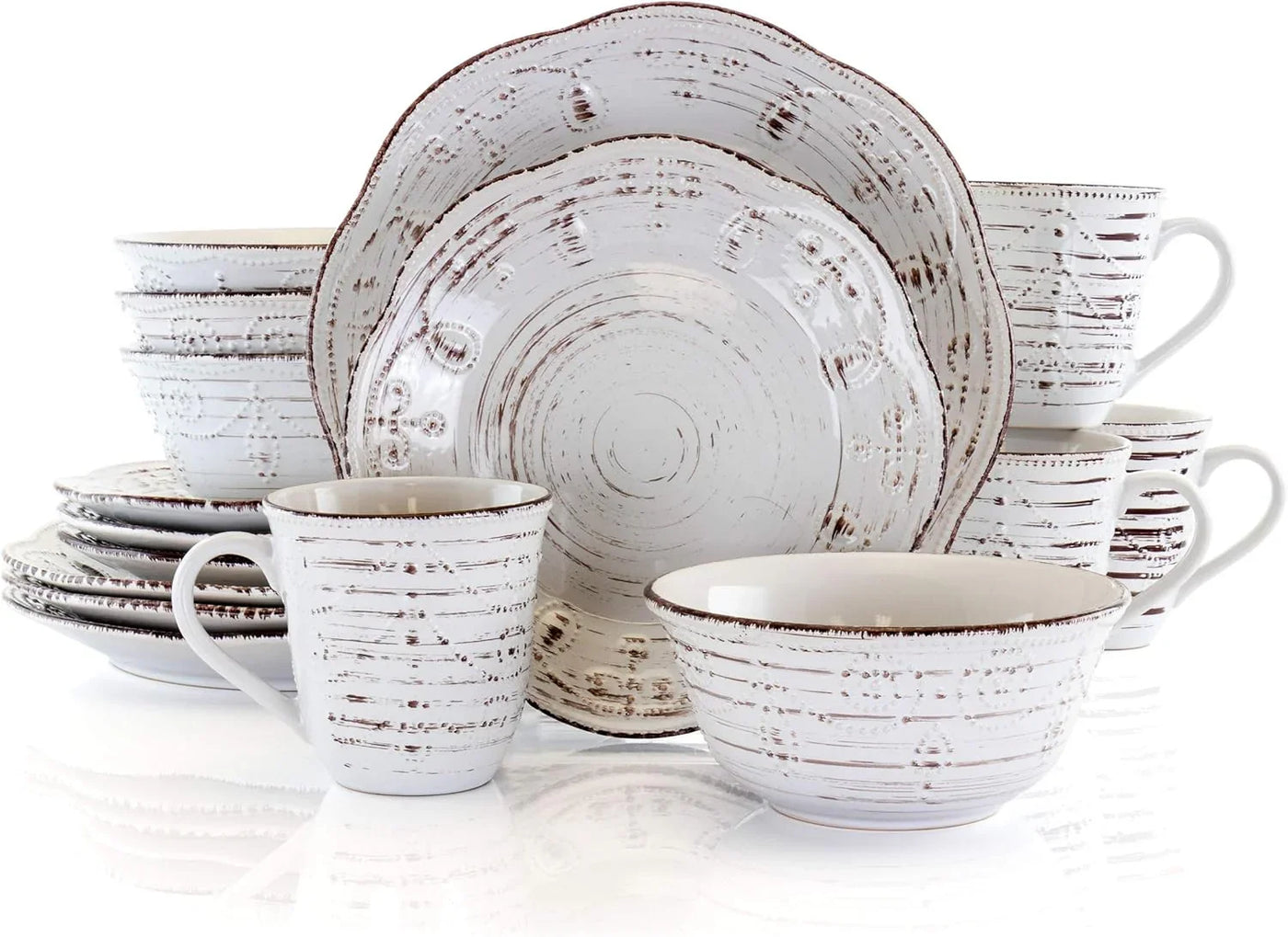 Rustic Birch 16 Piece Embossed Scalloped Stoneware round Dinnerware Set in White with Brown Accents