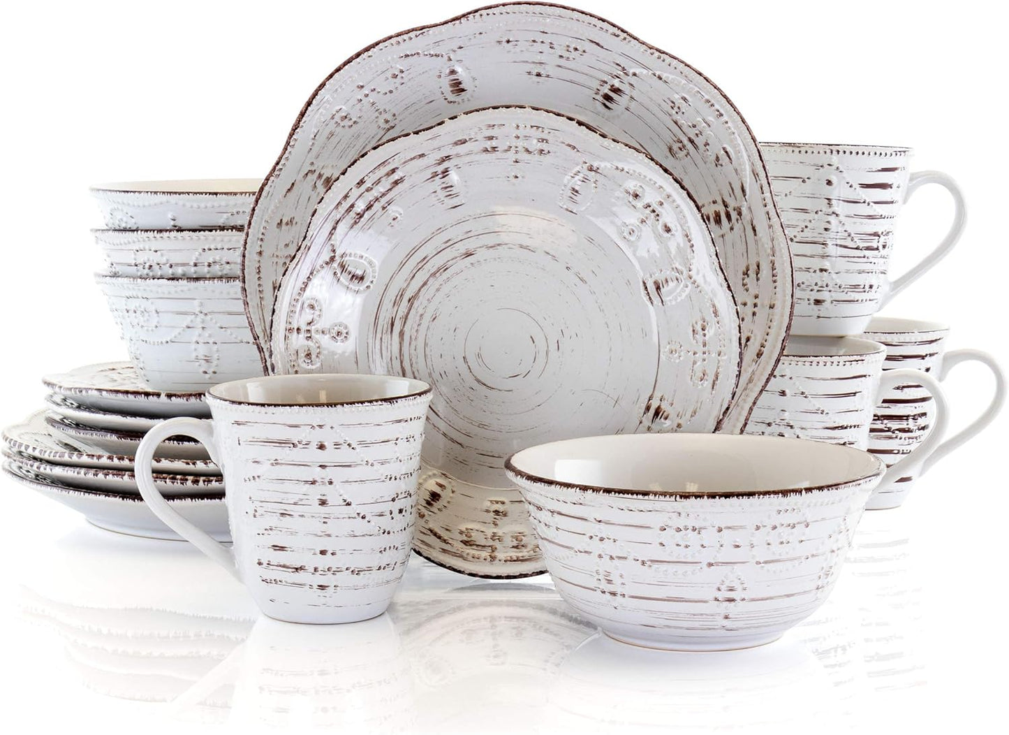 Rustic Birch 16 Piece Embossed Scalloped Stoneware round Dinnerware Set in White with Brown Accents