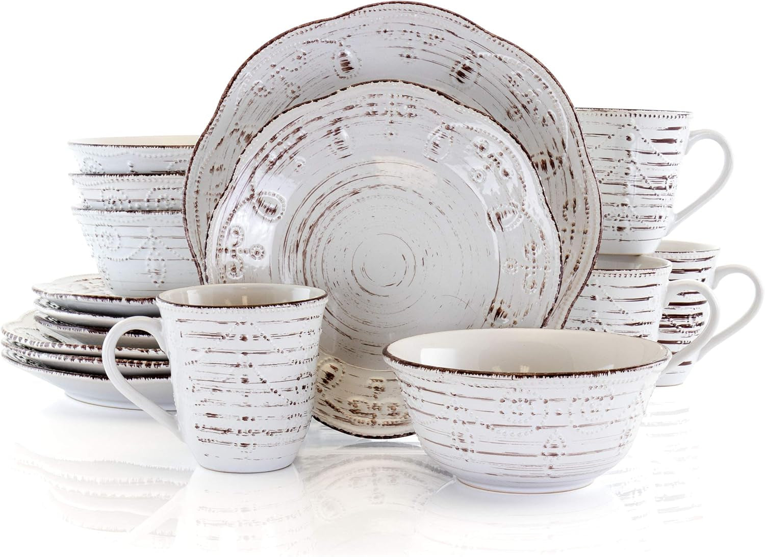 Rustic Birch 16 Piece Embossed Scalloped Stoneware round Dinnerware Set in White with Brown Accents
