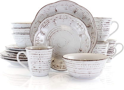 Rustic Birch 16 Piece Embossed Scalloped Stoneware round Dinnerware Set in White with Brown Accents