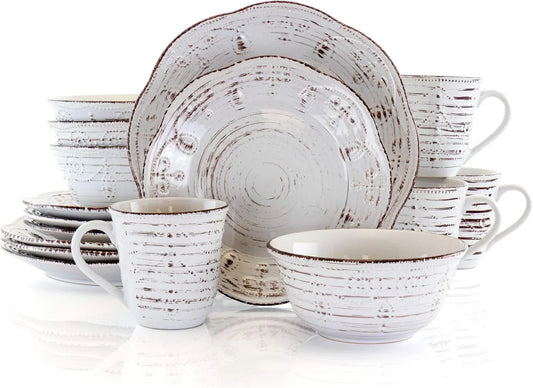 Rustic Birch 16 Piece Embossed Scalloped Stoneware round Dinnerware Set in White with Brown Accents