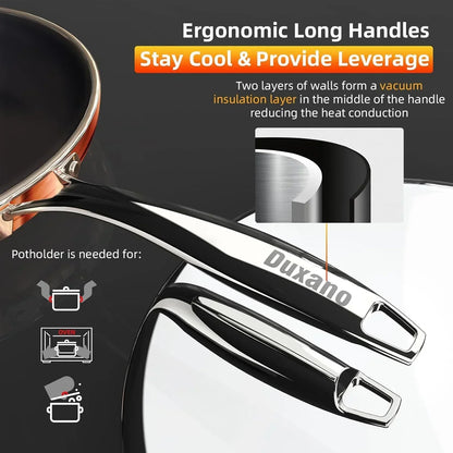 Duxano cookware with ergonomic long handles, vacuum insulation for cool touch and leverage, ideal for oven and stovetop use