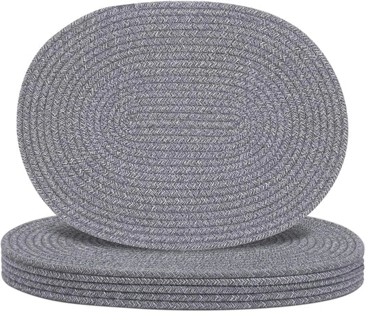 Oval Woven Placemats Set of 6, Boho Cotton Rope Braided Table Mats, 17X13 Inches Non Slip Heat Resistant Place Mats for Dining Room, Thick Hot Pads for Farmhouse Kitchen Table Decor. (Gray)