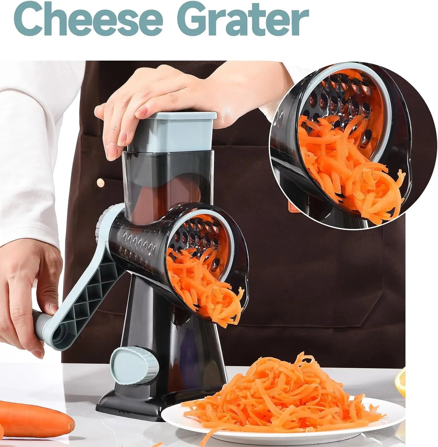 Rotary Cheese Grater with Handle Kitchen Shredder Slicer Grater Slicer Ice Shaver Cheese Vegetable Nuts Potato Zucchini Chocolate 3 Interchangeable Blades (Greyblue