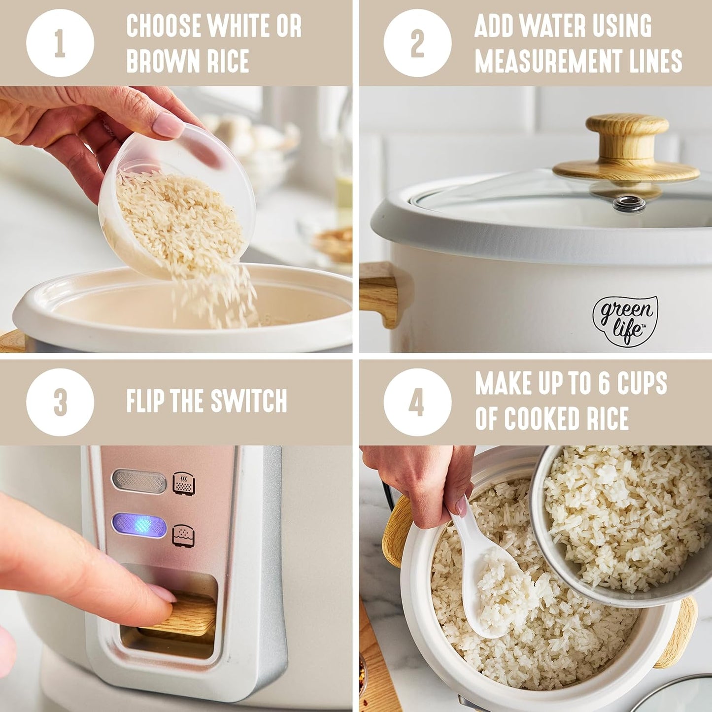 Rice Cooker with Removable Pfas-Free Ceramic Nonstick Pot, 3-Cups Uncooked/6-Cups Cooked, Grains & Oatmeal Multicooker, Compact One-Switch Design, Auto Keep Warm, Easy Clean, Cream