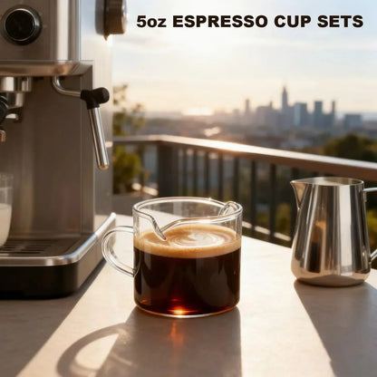 5oz espresso cup set with glass mug, coffee machine, and milk pitcher on balcony with city view