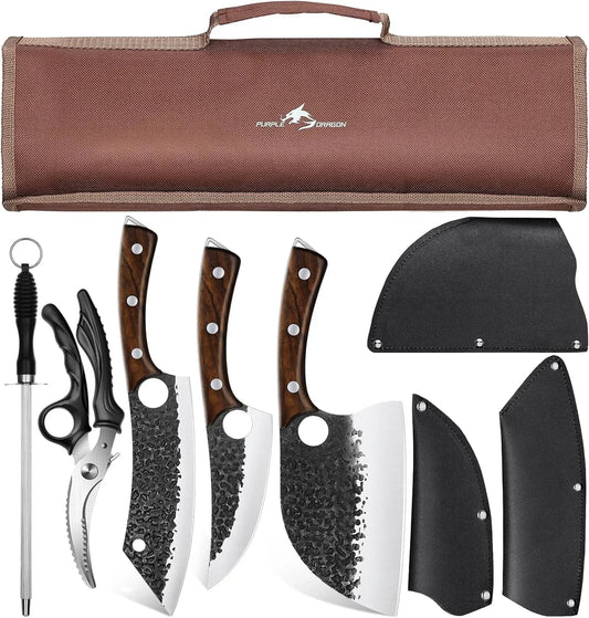 Butcher Knife Set - 9 Pcs Chef Knife Set - Hand Forged Serbian Chef Knives Meat Cleaver Boning Viking Knives Kitchen Knives with Roll Bag Christmas Gift for Men and Women
