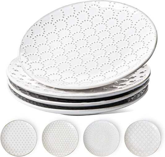 8 Inch Ceramic Salad Plates Set of 4, Modern Embossed Appetizer Plates for Kitchen, Small Dessert Plates, Microwave & Dishwasher Safe Dinnerware Sets - Arctic White