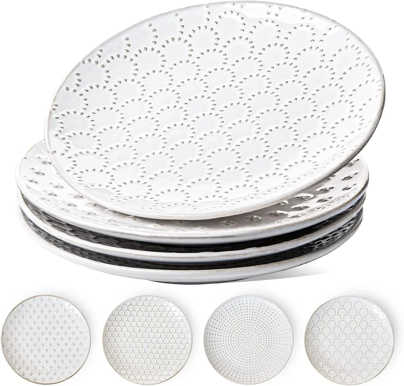 8 Inch Ceramic Salad Plates Set of 4, Modern Embossed Appetizer Plates for Kitchen, Small Dessert Plates, Microwave & Dishwasher Safe Dinnerware Sets - Arctic White