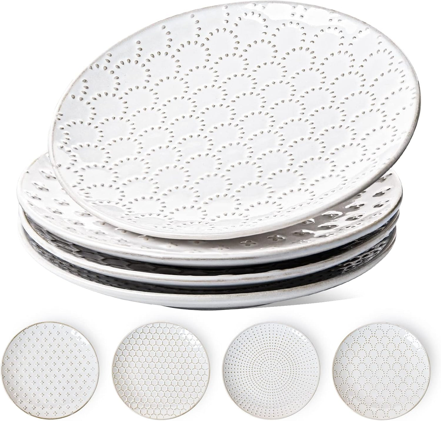 8 Inch Ceramic Salad Plates Set of 4, Modern Embossed Appetizer Plates for Kitchen, Small Dessert Plates, Microwave & Dishwasher Safe Dinnerware Sets - Arctic White