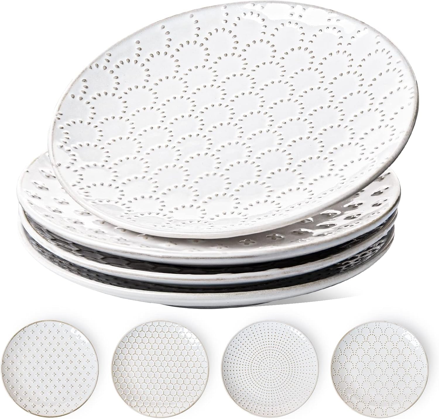 8 Inch Ceramic Salad Plates Set of 4, Modern Embossed Appetizer Plates for Kitchen, Small Dessert Plates, Microwave & Dishwasher Safe Dinnerware Sets - Arctic White