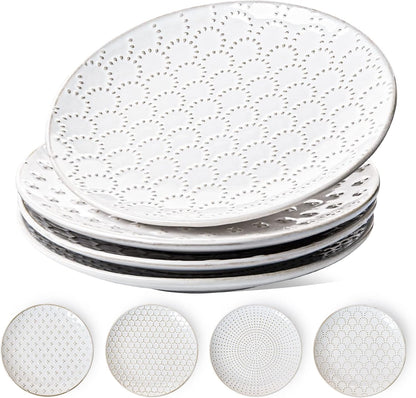 8 Inch Ceramic Salad Plates Set of 4, Modern Embossed Appetizer Plates for Kitchen, Small Dessert Plates, Microwave & Dishwasher Safe Dinnerware Sets - Arctic White