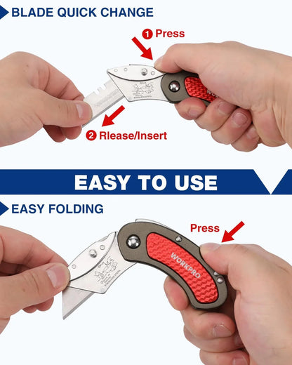 Folding Utility Knife Set Quick Change Blade, Back-Lock Mechanism 3-Piece with 10-Piece Extra Blades