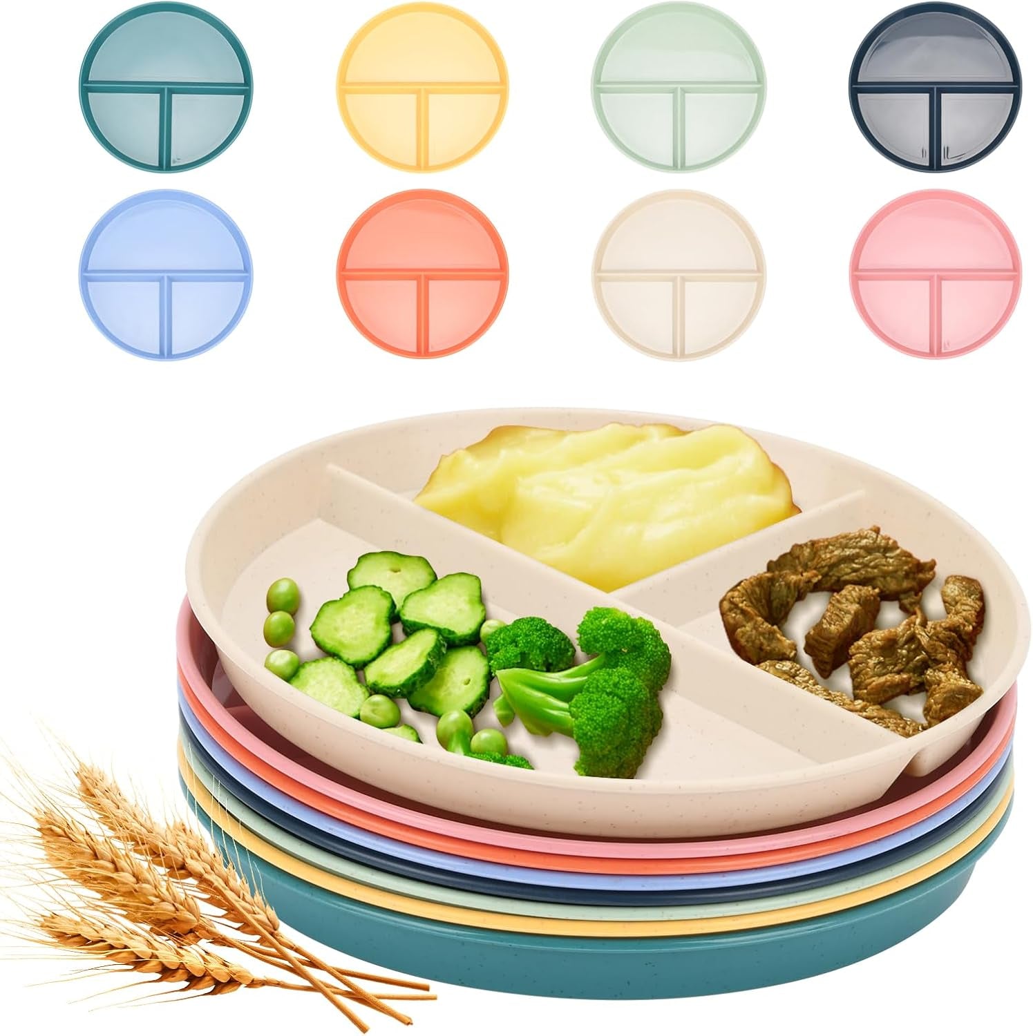 9-Inch Unbreakable Divided Plates, 8-Pack Microwave & Dishwasher Safe Wheat Straw Plates, Bpa-Free, 3-Compartment Portion Control Plates, Durable Dinnerware