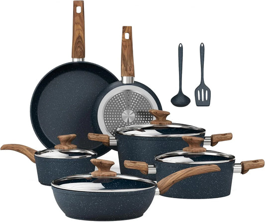 Pots and Pans Set Non Stick - 12 Piece Induction Kitchen Cookware Sets, Blue Granite Nonstick Cooking Pans Set