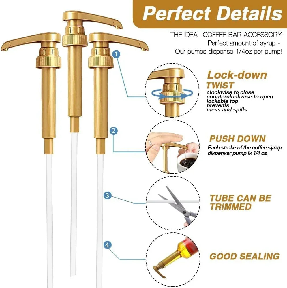 Gold coffee syrup dispenser pumps with lock-down twist, push-down mechanism, trimmable tube, and good sealing