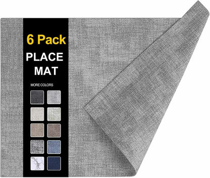 Faux Leather Heat Resistant Placemats 6 Packs, Waterproof Wipeable Dining PU Place Mats for Indoor & Outdoor, Easy to Clean, Light Grey