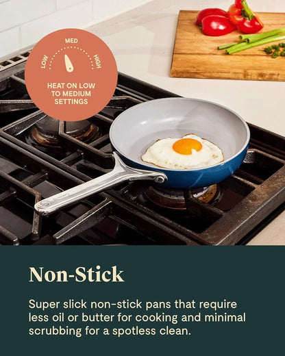 Non-stick frying pan with fried egg on stovetop, instructions for low to medium heat.