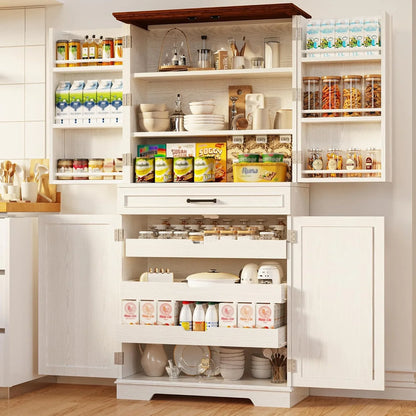 Farmhouse Kitchen Pantry Cabinet, 72" Height Tall Freestanding Cupboard with Sliding Storage Rack and 6 Hanging Shelves for Kitchen, Dining Room, White