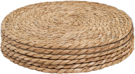 6Pcs 12" round Woven Rattan Placemats,Natural Hand-Woven Water Hyacinth Placemats,Farmhouse Weave Place Mats,Rustic Braided Wicker Table Mats (12Inch Set of 6)
