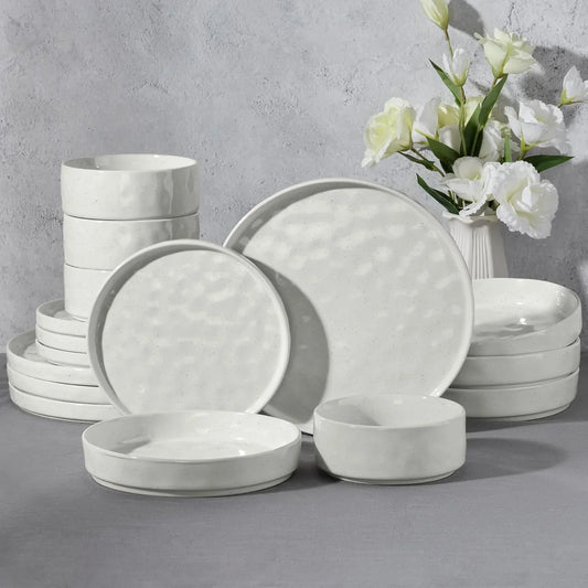 16-Piece Plates and Bowls Sets with Pasta Bowls - Stoneware Dinnerware Set for 4, Modern Ribbed Speckled White Dishes, Microwave & Dishwasher Safe