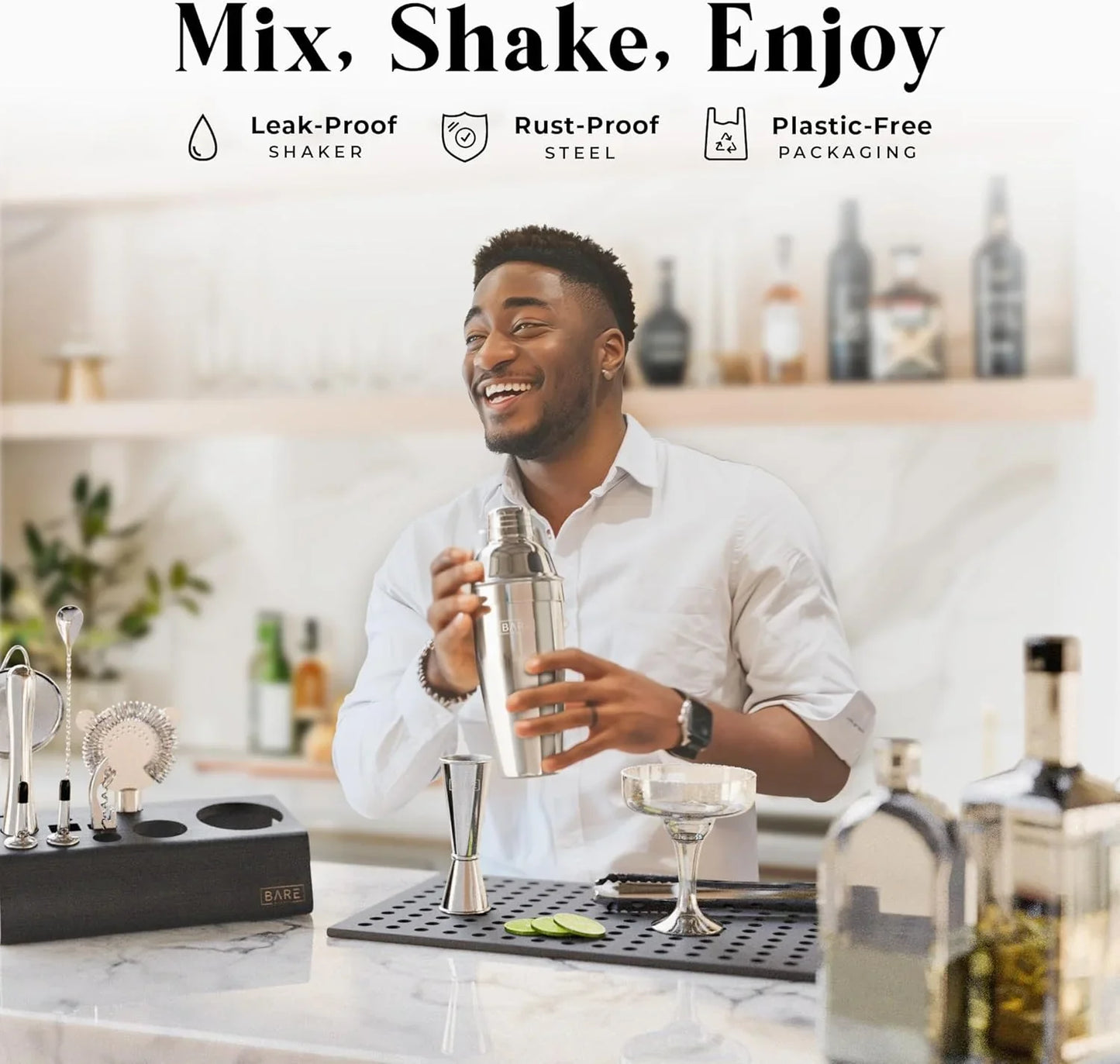 ® Mixology Bartender Kit Bar Set | 14-Piece Cocktail Shaker Set | Martini Barware Mixing Tools for Home Bartending | Incl. 35 Recipe Cards | Gift Set (24Oz Cobbler Shaker, Silver/Black)