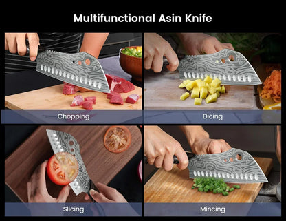 Multifunctional kitchen knife chopping meat, dicing potatoes, slicing tomato, and mincing herbs