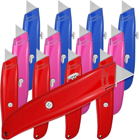 12 Pcs Box Cutters Retractable Heavy Duty, Aluminum Alloy Utility Knife Set with 3 Color Options - Professional Box Cutter Knives for Warehouse Office Home DIY Projects