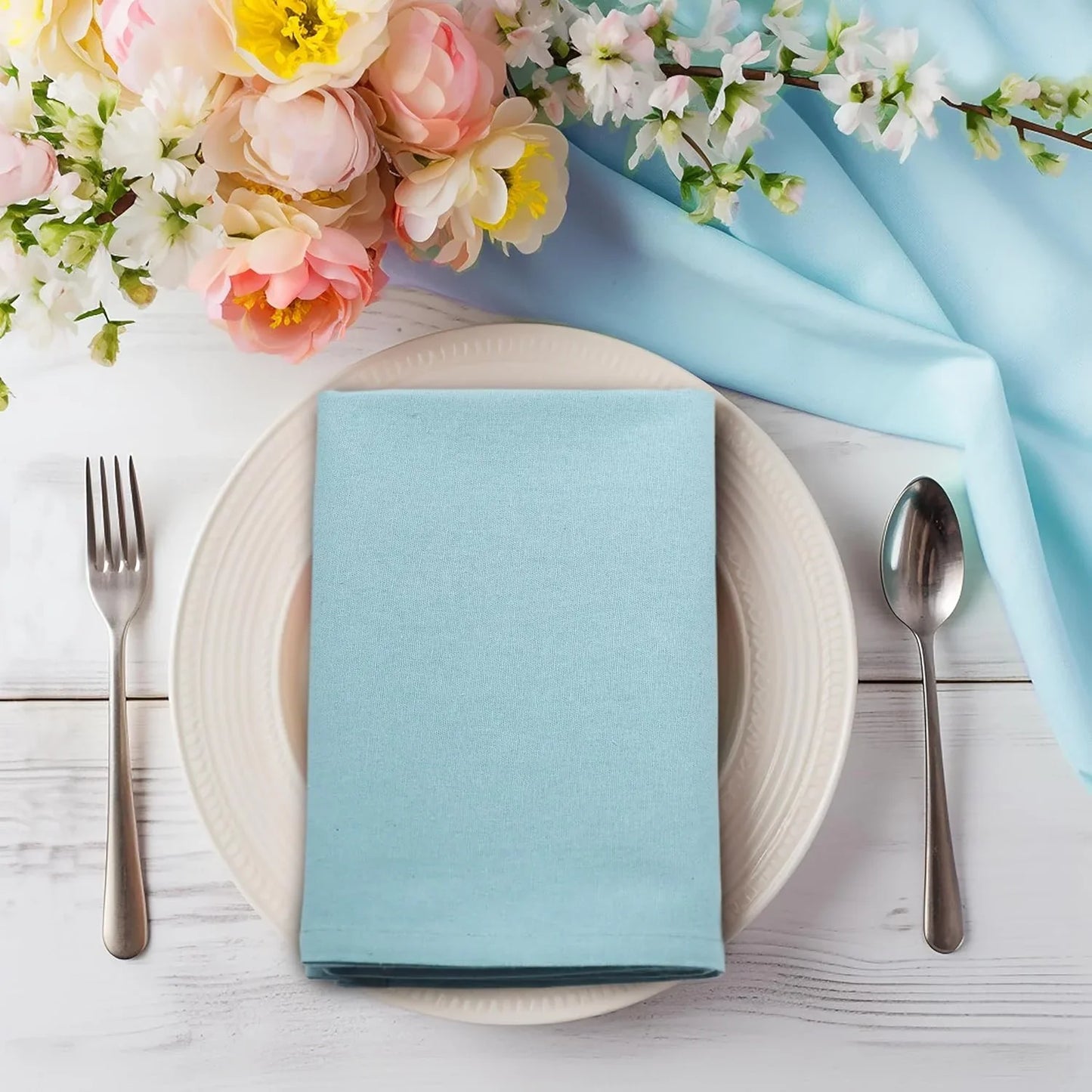 Easter Cloth Napkins - Set of 8 Soft 100% Cotton Napkins - Reusable Lunch Brunch Dinner Napkins - Spring Summer Table Decor - Machine Washable - 17 X 17 Inches - Serenity Blue