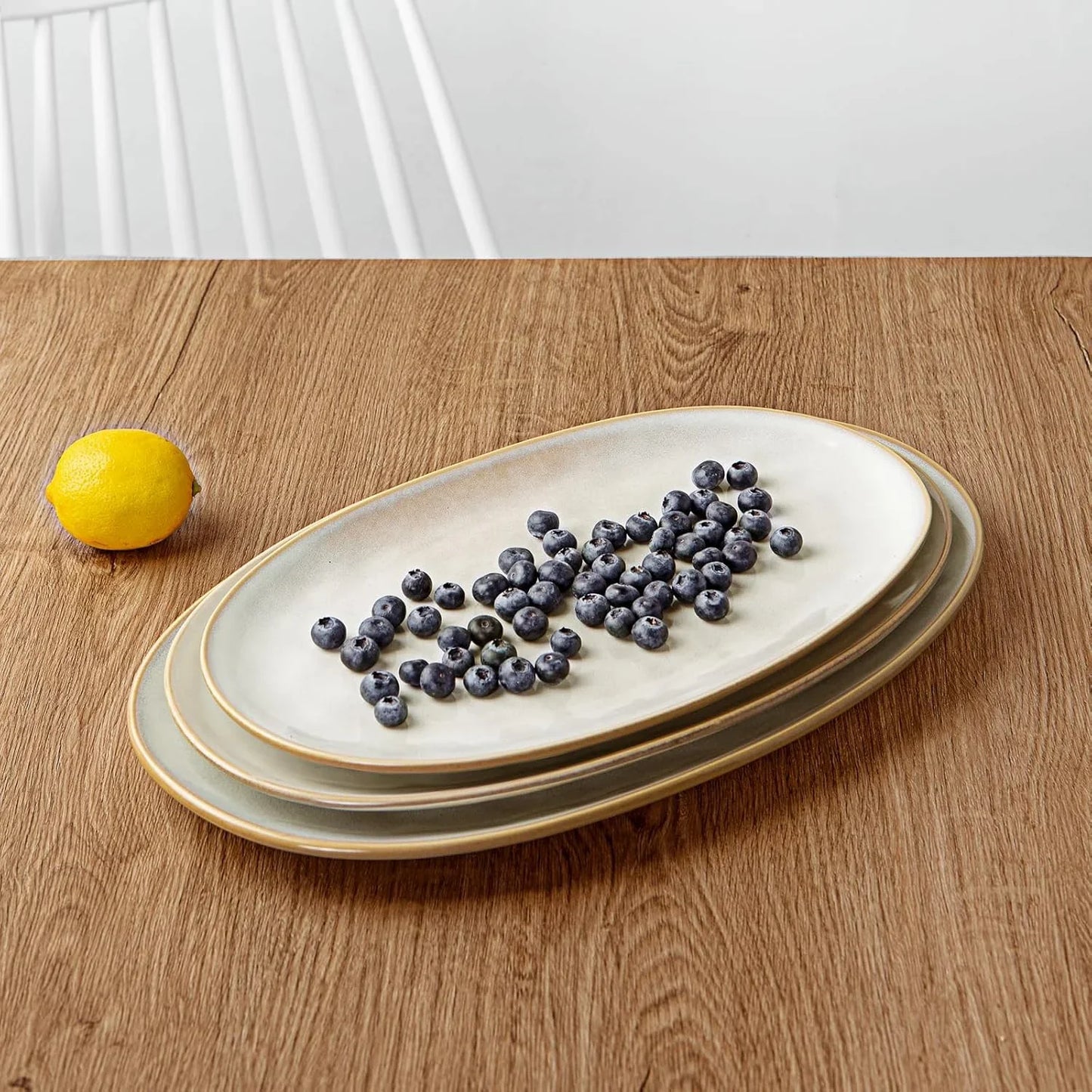 Serving Platter, Oval 15.59/14.3/12.9 Inch Serving Dishes for Entertaining, Serving Bowls, Microwave Safe, Stonware Serving Trays for Party, Turkey, Cheese, Ocean Series, Cappuccino White