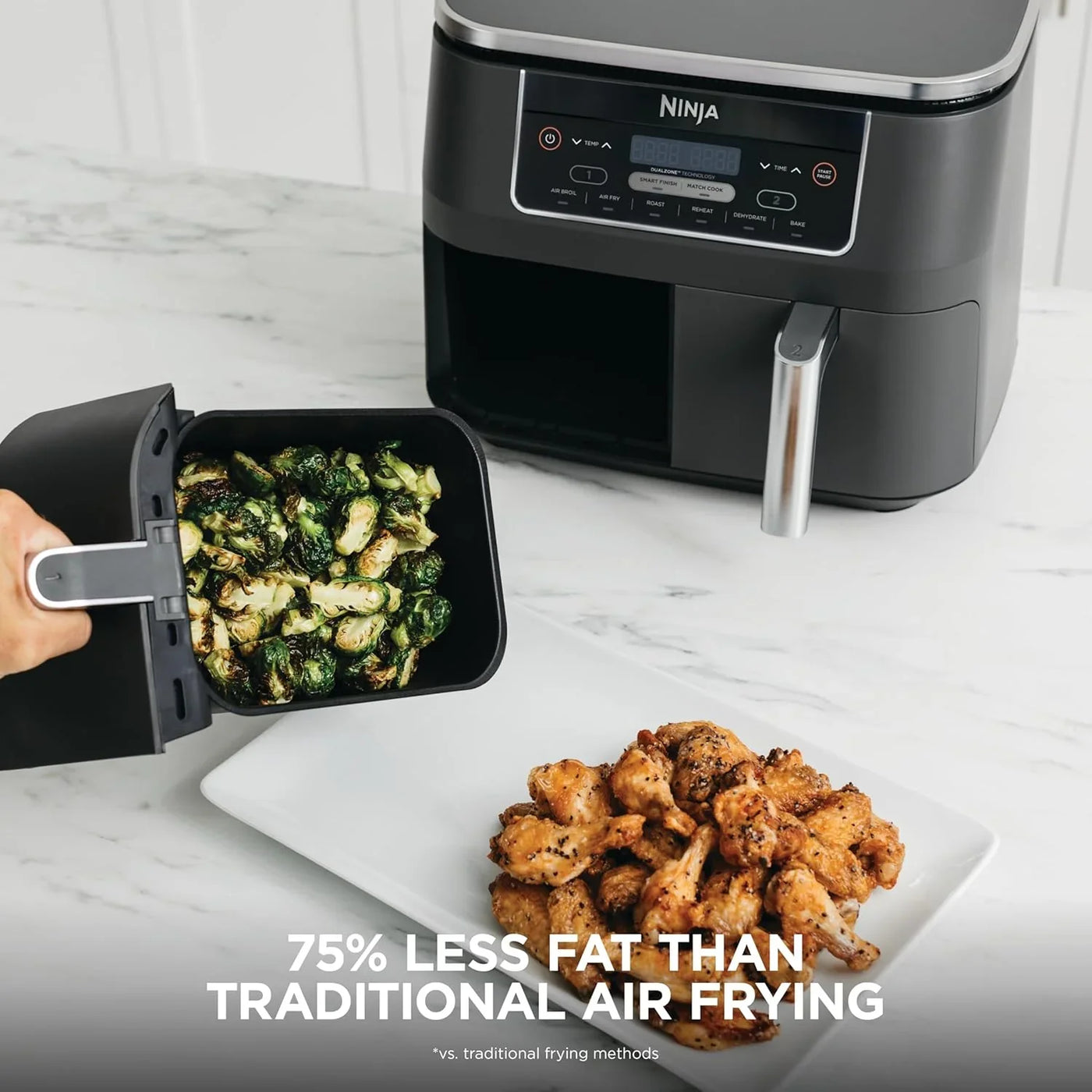 DZ201 Foodi 8 Quart 6-In-1 Dualzone 2-Basket Air Fryer with 2 Independent Frying Baskets, Match Cook & Smart Finish to Roast, Broil, Dehydrate & More for Quick, Easy Meals, Grey