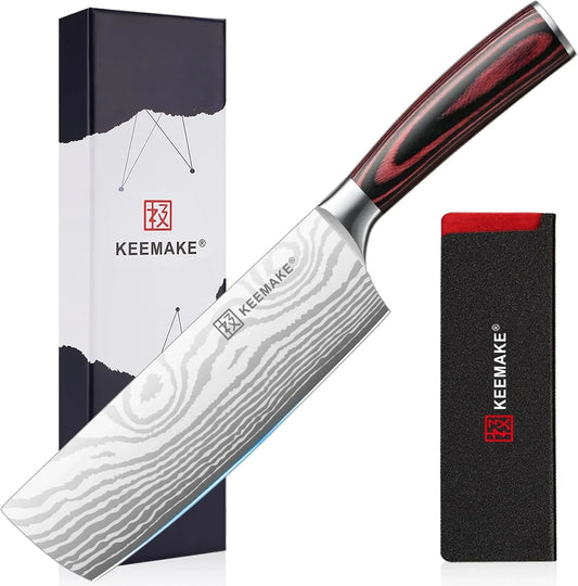 7 Inch Nakiri Knife Japanese Kitchen Vegetable Cleaver - Razor Sharp German High Carbon Stainless Steel Meat Slicing Cutter - Ergonomic Pakkawood Handle with Sheath and Gift Box for Camping.
