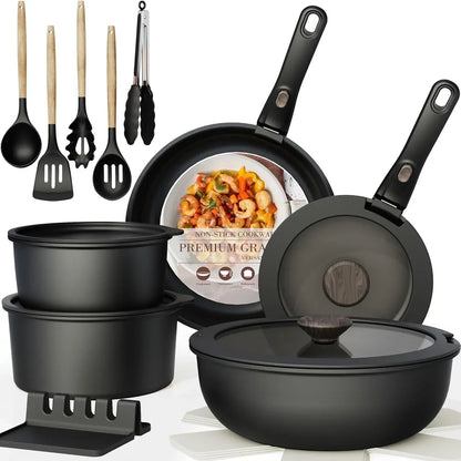 Non-stick cookware set with pots, frying pans, utensils, and glass lid kitchen essentials