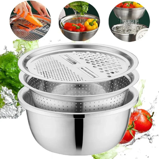 2026 New Germany Multifunctional Stainless Steel Basin, 3 in 1 Multifunctional Stainless Steel Basin Strainer Set with Grater, Strainer Drain Basket for Rinsing Draining Mixing (M (11.02"/28Cm))