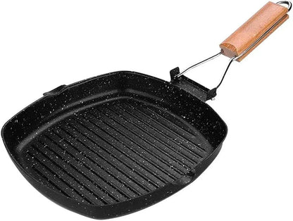 Non-Stick Grill Pan with Folding Handle for Meat, Fish and Vegetables for All Heat Sources 24Cm/9.4In for Stove Tops, Induction, Black
