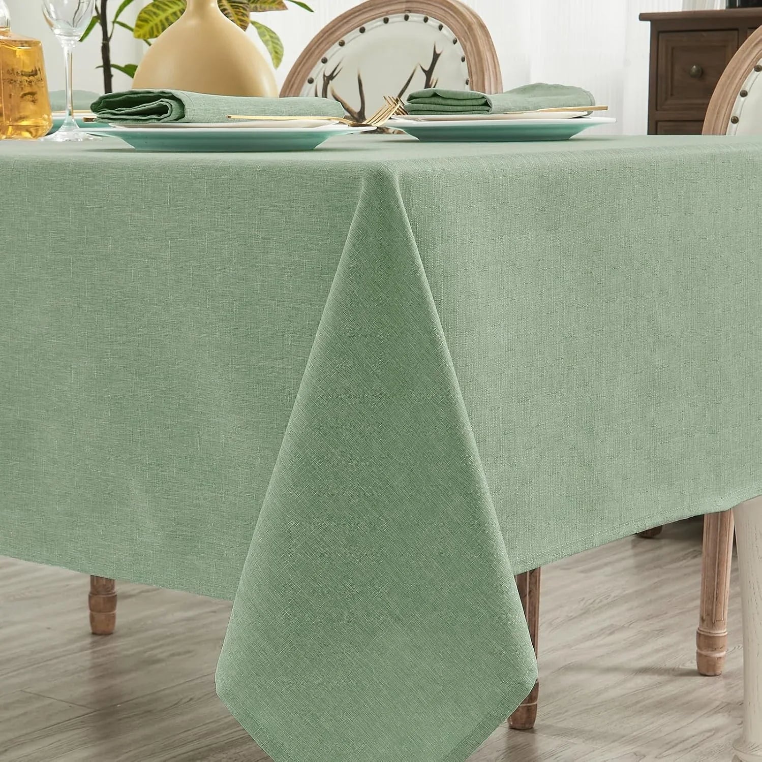 Rectangle Table Cloth, Waterproof and Stain Resistant Linen Style Farmhouse Tablecloth, Washable Faux Decoration Fabric Table Cover for Kitchen Dinning or Outdoor Use, Sage Green 52 X 70 Inch