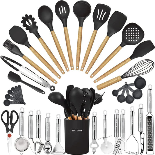 Cooking Utensils Set- 35 Pcs Kitchen Utensils with Grater,Tongs, Spoon Spatula &Turner Made of Heat Resistant Food Grade Silicone and Wooden Handles Kitchen Gadgets Tools Set for Nonstick Cookware
