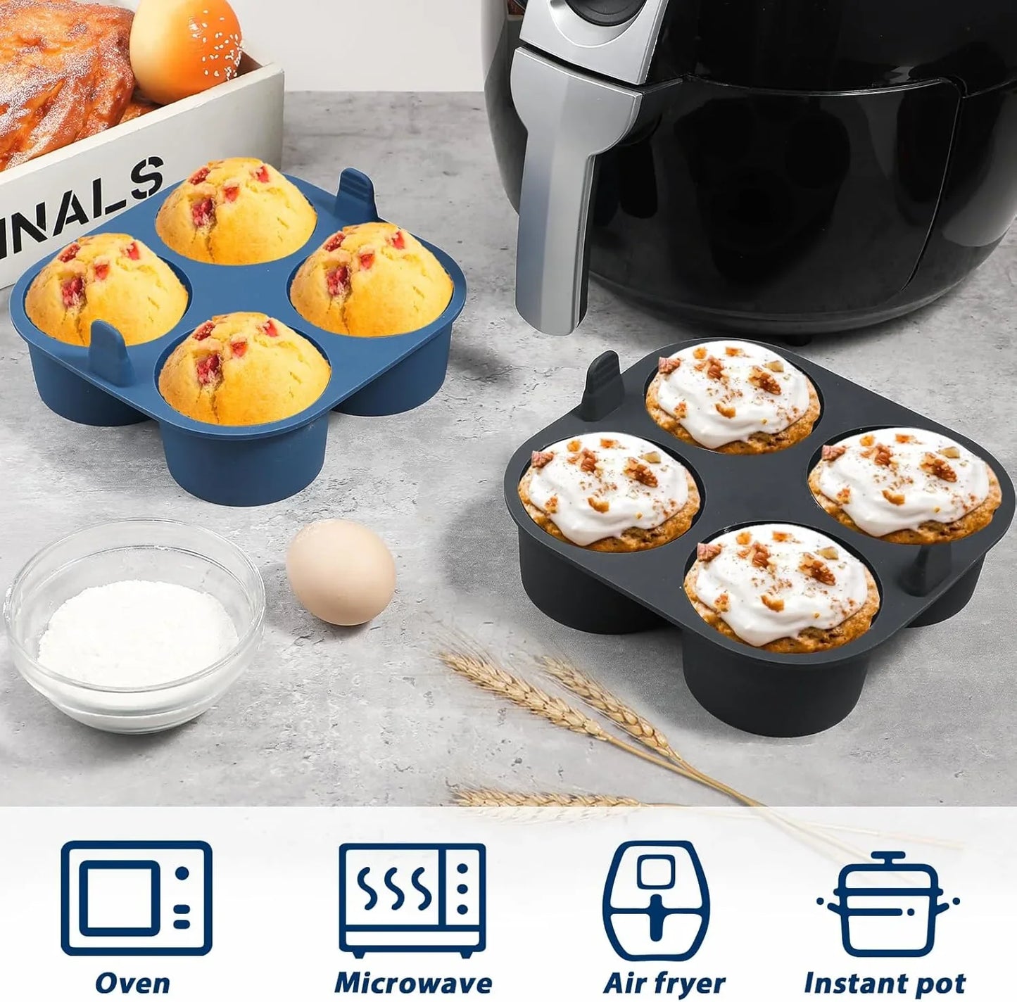 2PCS Jumbo Silicone Air Fryer Muffin Pan for Baking, 4-Cavity Egg Bites Silicone Mold, Nonstick BPA Free Muffin Tins Baking Cups