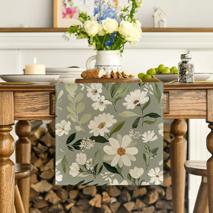 Olive Green Daisy Flowers 210 GSM Spring Table Runner, Seasonal Summer Kitchen Dining Table Decoration for Home Party Decor 13X48 Inch