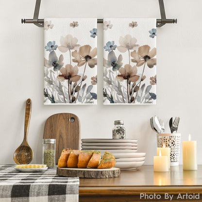 Brown Poppy Floral Leaves Spring Kitchen Towels Dish Towels, 18X26 Inch Seasonal Summer Decoration Hand Towels Set of 2