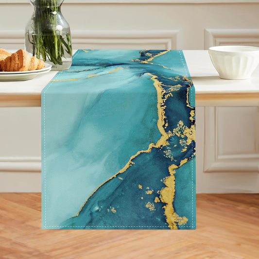 Teal Marble Table Runner 13X72 Inch Watercolor Marble Modern Abstract Art Kitchen Dinning Table Decoration for Indoor Outdoor Home Party Decor