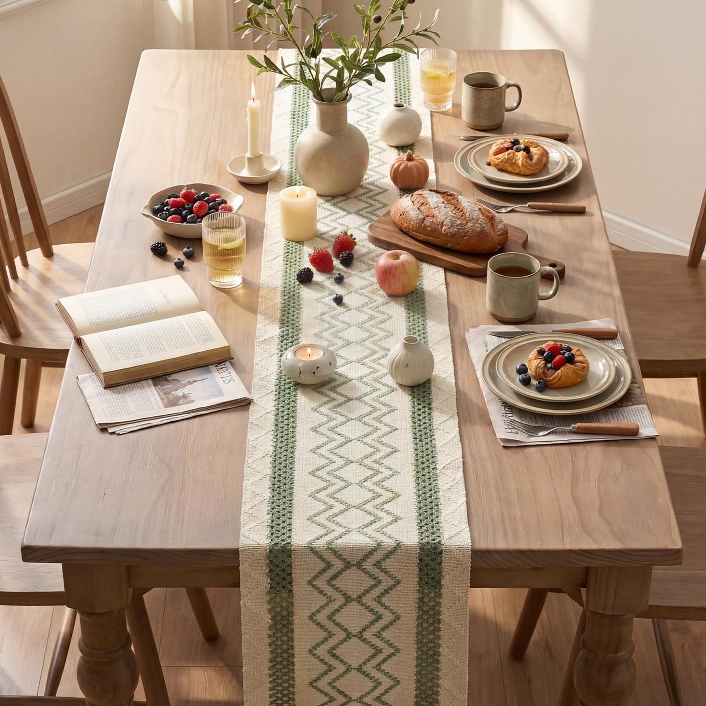 Sage Green Stripe Diamond Pattern Woven Table Runner, Seasonal Holiday Hollow Kitchen Dining Table Decoration for Home Party Decor 12X72 Inch