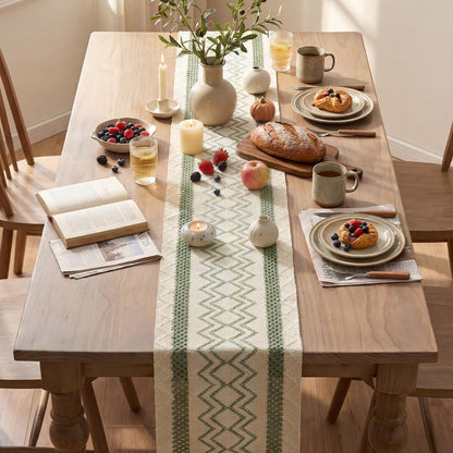 Sage Green Stripe Diamond Pattern Woven Table Runner, Seasonal Holiday Hollow Kitchen Dining Table Decoration for Home Party Decor 12X72 Inch