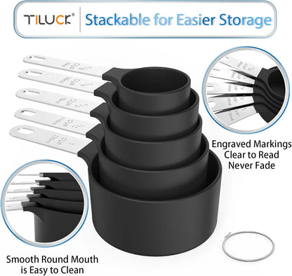 Measuring Cups & Spoons Set, Stackable Cups and Spoons, Nesting Measure Cups with Stainless Steel Handle, Kitchen Gadgets for Cooking & Baking (Black)