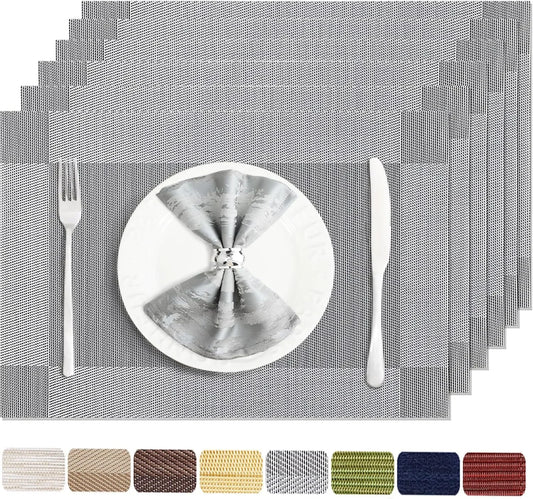 Placemats Set of 6 Washable&Wipeable Silver Place Mats for Dining Table Kitchen Indoor Outdoor Table Mats Heat Resistant Non Slip Woven Vinyl Table Placemats (Grey，6Pcs)