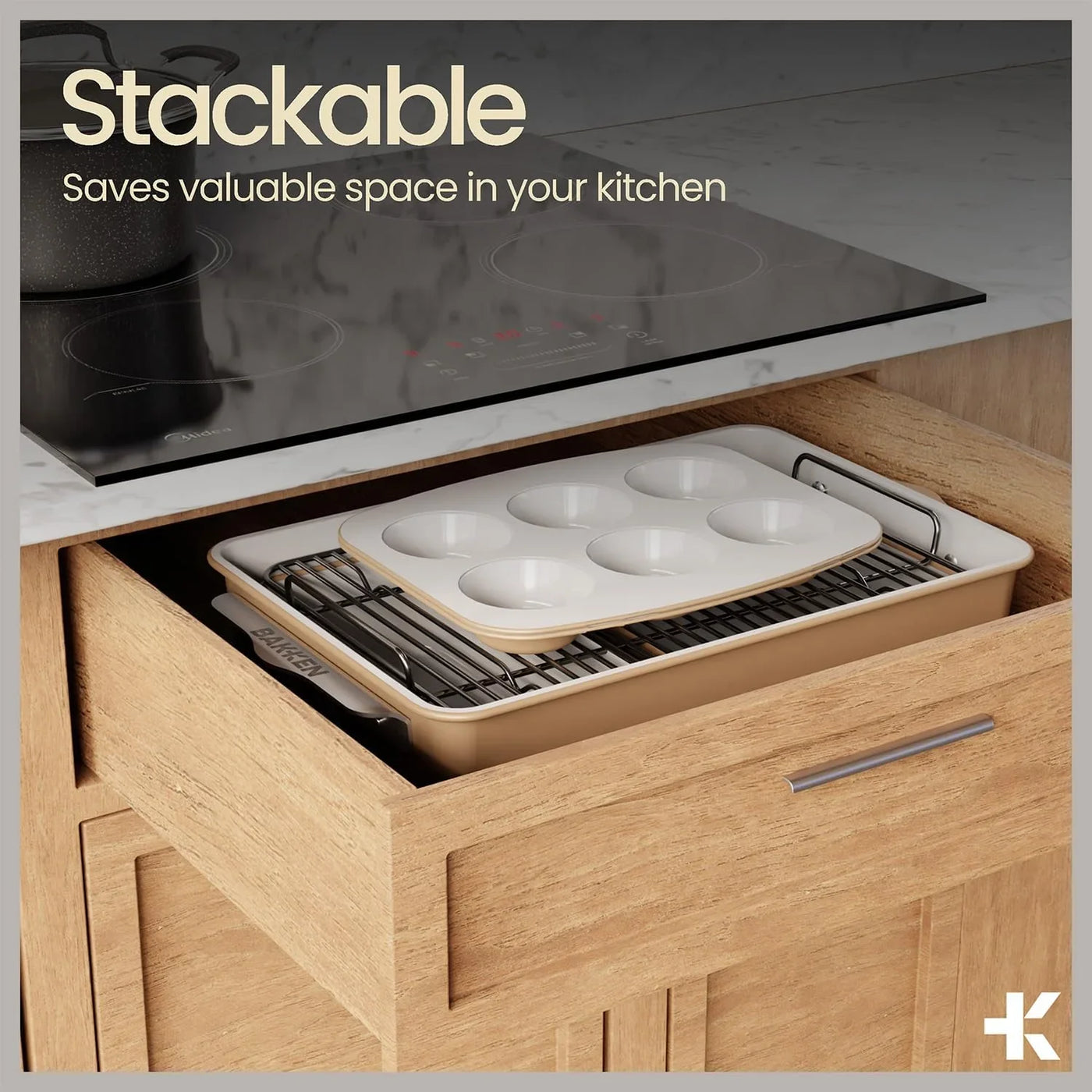 Bakken 8-Piece Stackable Bakeware Set - Ceramic Non-Stick Coating, Baking Sheets, Assorted Baking Pans, PTFE, PFOA & PFOS Free - Healthy Baking, Ergonomic Handles, Cooling Rack, Non-Toxic, Oven-Safe