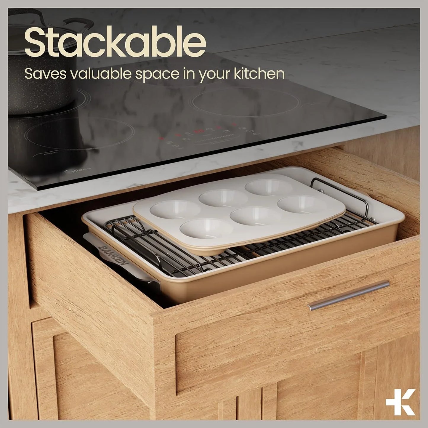 Bakken 8-Piece Stackable Bakeware Set - Ceramic Non-Stick Coating, Baking Sheets, Assorted Baking Pans, PTFE, PFOA & PFOS Free - Healthy Baking, Ergonomic Handles, Cooling Rack, Non-Toxic, Oven-Safe